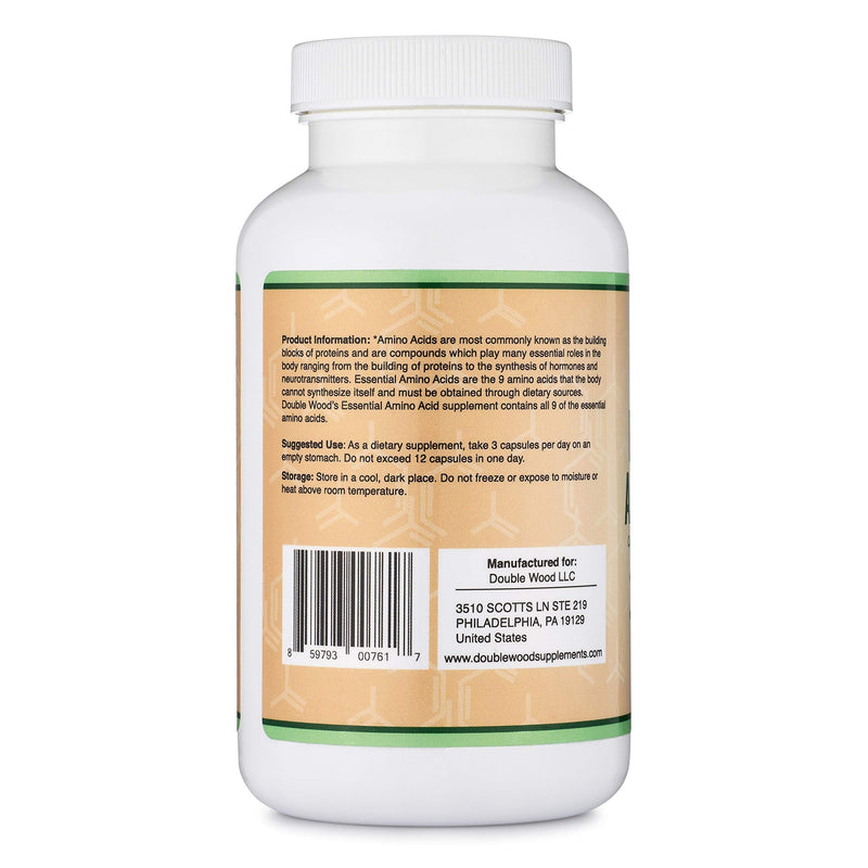 Essential Amino Acids - 1 Gram Per Serving Powder Blend of All 9 Essential Aminos (EAA) and all Branched-Chain Aminos (BCAAs) (Leucine, Isoleucine, Valine) 225 Capsules by Double Wood Supplements - BeesActive Australia