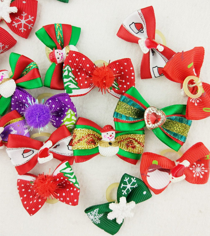 Hixixi 24pcs/12pairs Pet Dog Christmas Samll Hair Bows with Rubber Bands Xmas Cat Puppy Grooming Accessories - BeesActive Australia