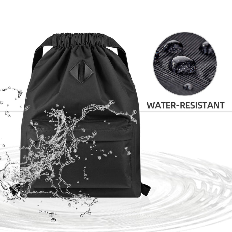 Vorspack Drawstring Backpack Water Resistant String Bag Sports Gym Sack with Side Pocket for Men Women Black - BeesActive Australia