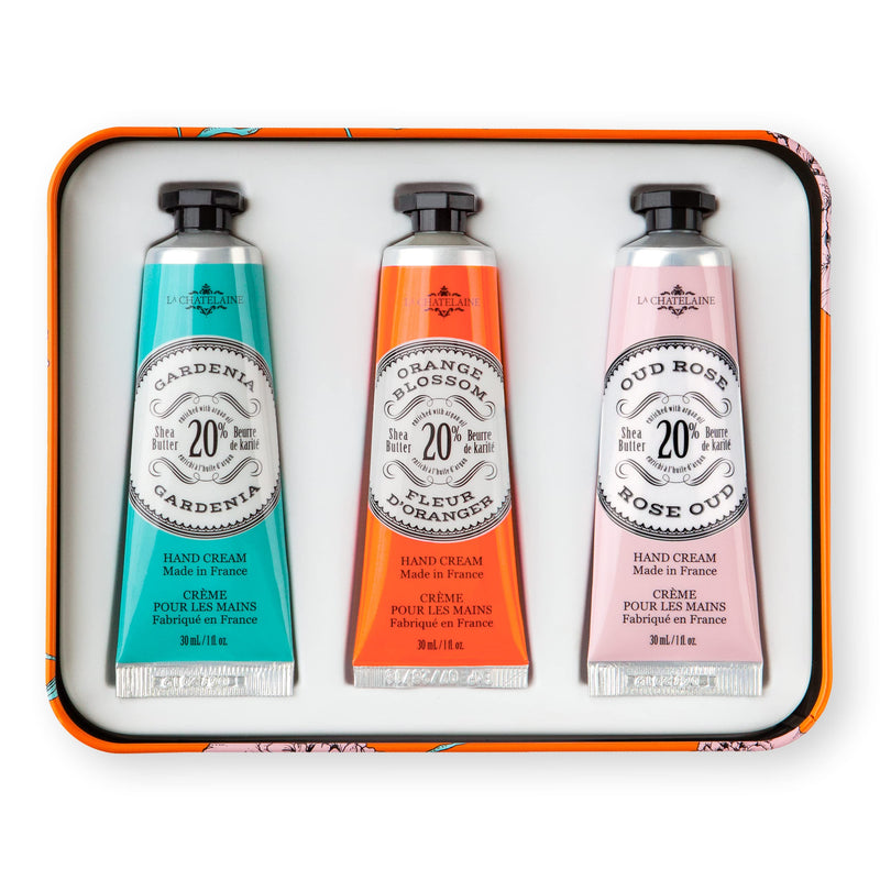 La Chatelaine Hand Cream Trio Tin Gift Set | Ready-To-Gift Tin | Natural | Made in France with 20% Organic Shea Butter | Nourishing and Moisturizing (Gardenia, Orange Blossom, Oud Rose) 3 x 1 fl. oz Orange Trio 1 Fl Oz (Pack of 3) - BeesActive Australia