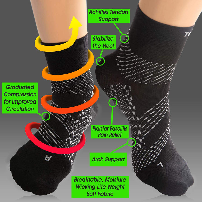 TechWare Pro Plantar Fasciitis Socks - Ankle Compression Socks for Women & Men. Achilles Tendonitis Brace & Foot Arch Support Large Black / Gray - BeesActive Australia