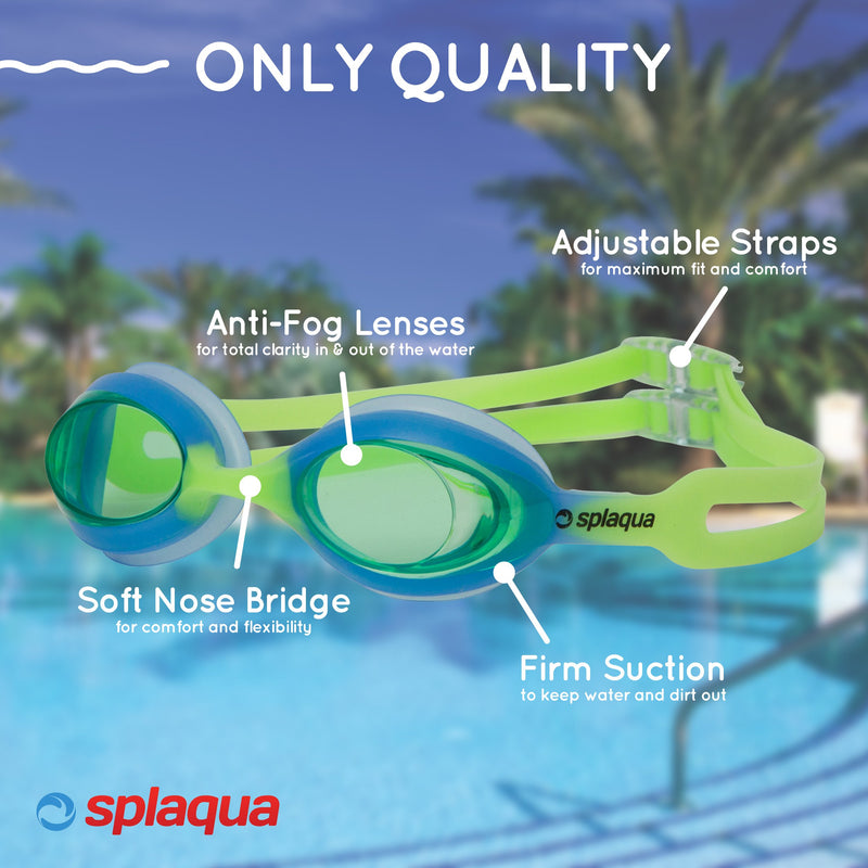 [AUSTRALIA] - Splaqua Kids Swim Goggles - No Leak, UV Protection & Anti-Fog Lenses with Adjustable Strap, Swimming Goggles for Youth, Toddlers, Kids - Boys & Girls | with Bonus Ear Plugs Green/Blue 