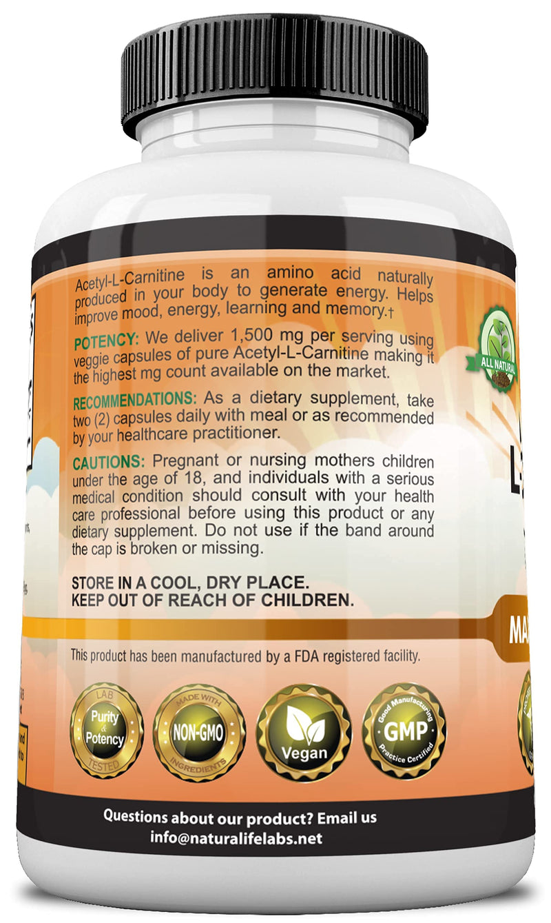 Acetyl L-Carnitine 1,500 mg High Potency Supports Natural Energy Production, Sports Nutrition, Supports Memory/Focus - 100 Veggie Capsules - BeesActive Australia