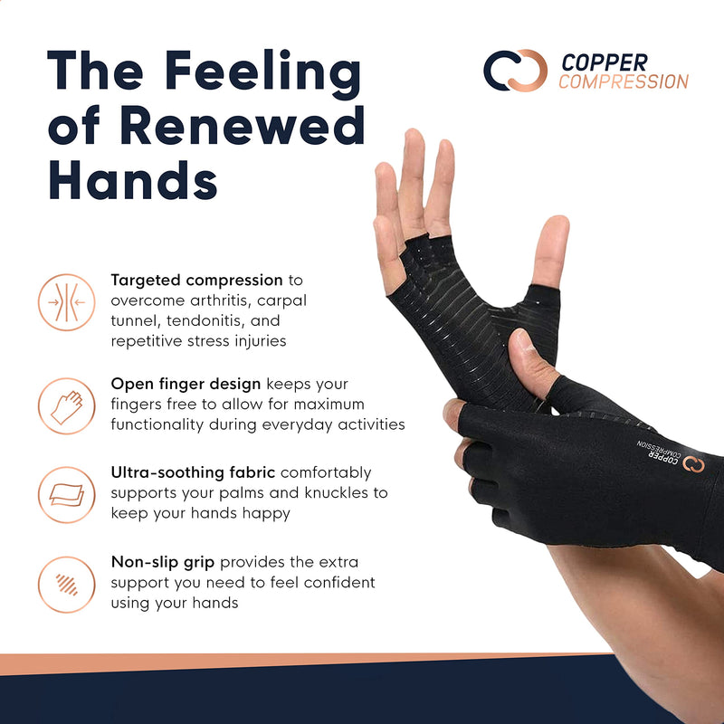 Copper Compression Arthritis Gloves | Fingerless Arthritis Carpal Tunnel Pain Relief Gloves For Men & Women | Hand Support Wrist Brace For Rheumatoid, Tendonitis, Swelling, Crocheting, Typing Medium (1 Pair) Black - BeesActive Australia
