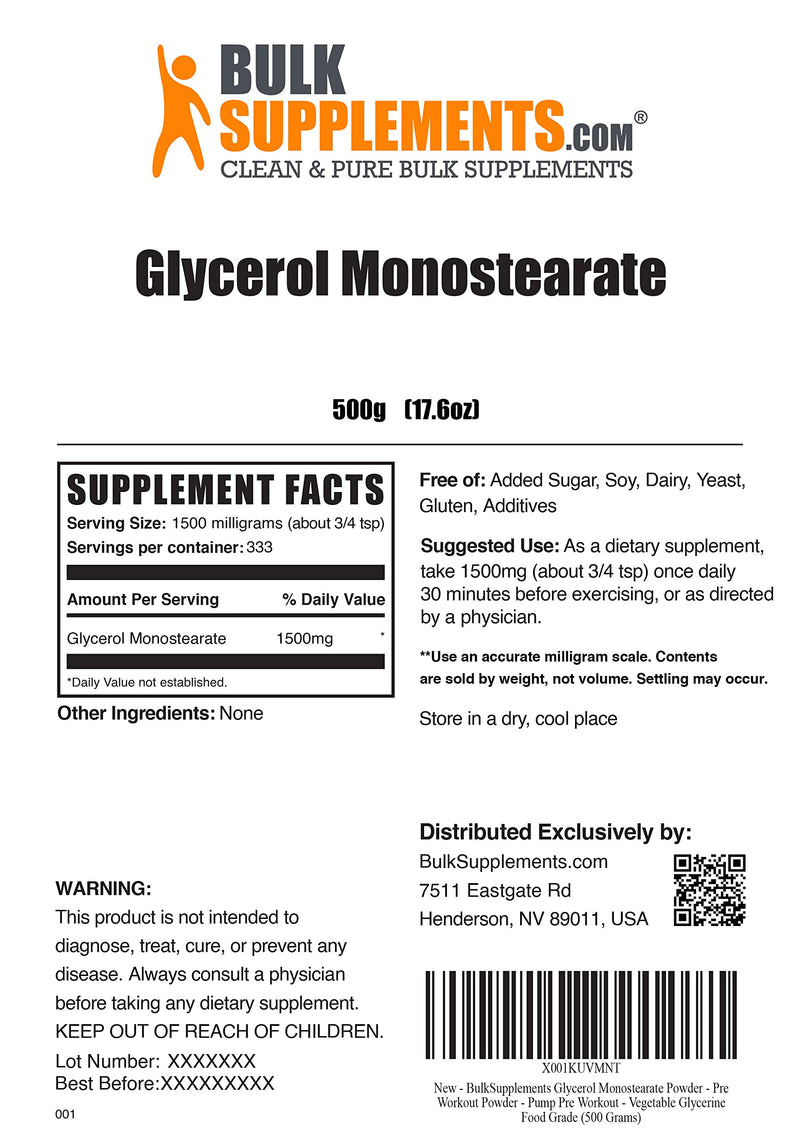 BulkSupplements.com Glycerol Monostearate Powder - Glycerol Powder for Endurance & Hydration - Food Grade, Gluten Free - 1500mg per Serving, 333 Servings (500 Grams - 1.1 lbs) 1.1 Pound (Pack of 1) - BeesActive Australia