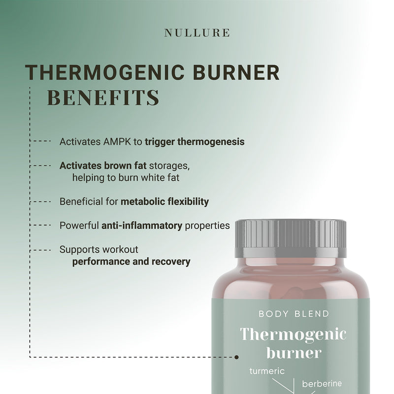 Natural Thermogenic Fat Burner Nullure I Vegan I Complete Formulation - Green Tea + Turmeric + Ginger + Berberine + Resveratrol + Garlic + Vitamin A + Piperine - 120 Capsules (2 Months) - BeesActive Australia