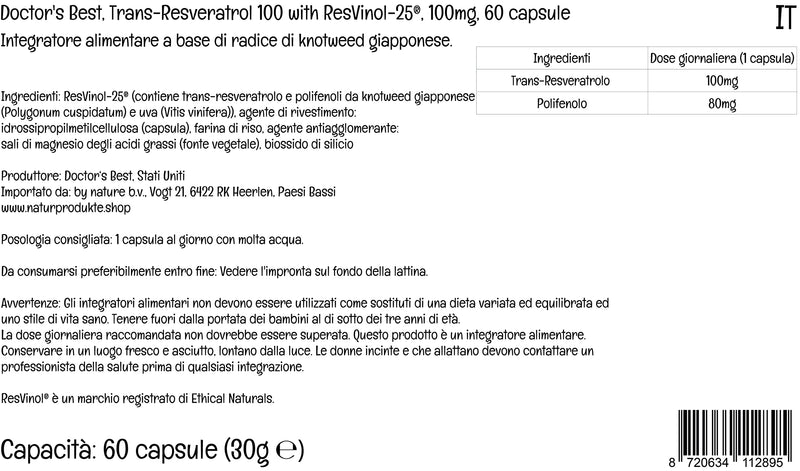 Doctor's Best, Trans-Resveratrol 100 with ResVinol, 100mg, 60 Vegan Capsules, Lab Tested, Gluten Free, SOYA Free, Vegetarian - BeesActive Australia