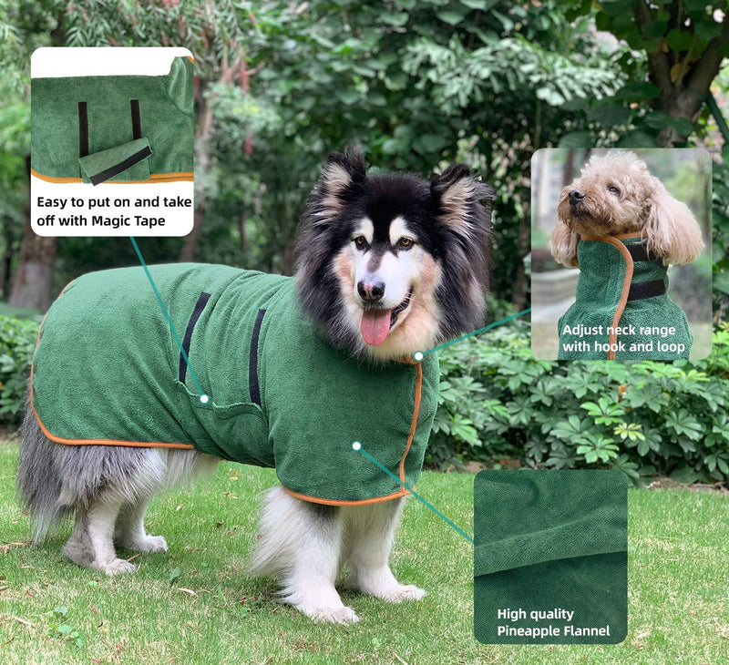 Dog Drying Coat Bathrobe Towel, Microfibre Material Fast Drying Super Absorbent Dog Bath Robe, Pet Quick Drying Moisture Absorbing with Adjustable Collar and Waist Xlarge: back length 29.5" Green - BeesActive Australia
