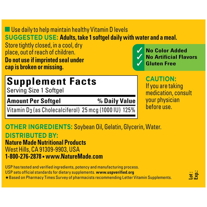 Nature Made Vitamin D3, 180 Softgels, Vitamin D 1000 IU (25 mcg) Helps Support Immune Health, Strong Bones and Teeth, & Muscle Function, 125% of the Daily Value for Vitamin D in One Daily Softgel - BeesActive Australia