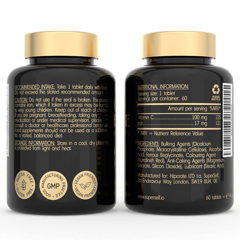 Gentle Iron Tablets 17mg - High Strength Iron Supplements for Women & Men with Vitamin C - Ferrous Iron Bisglycinate for High Absorption - 60 Vegan Tablets - Energy Tablets for Tiredness and Fatigue - BeesActive Australia