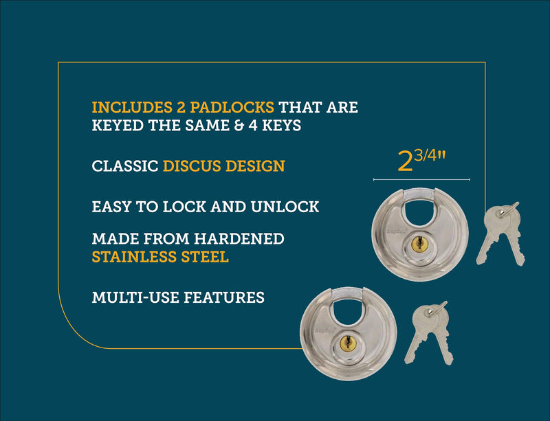 Key Padlock, Stainless Steel – Set of 2 Padlocks Keyed Alike, Classic Discus Design – Includes 4 Keys – Ideal Lock for Indoor/Outdoor Security, Storage and Tool Box, Gate & Shed - BeesActive Australia