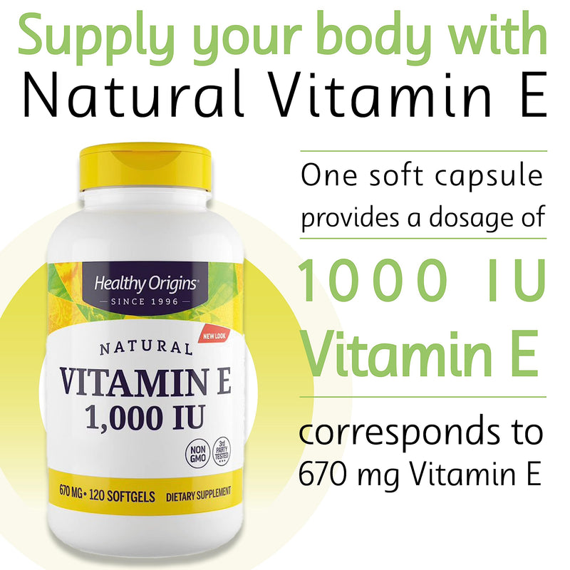 Healthy Origins, Natural Vitamin E, 1,000IU, 120 Softgels, Lab Tested, Gluten Free, Non-GMO - BeesActive Australia