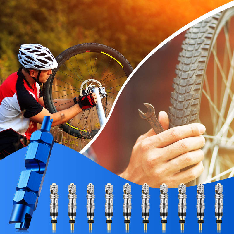 Valve Core Remover Tool Kit Blue Bicycle Valve Core Tightening Tool and 10 Pieces Presta Valve Cores Brass for Bike Bicycle Tire Application - BeesActive Australia