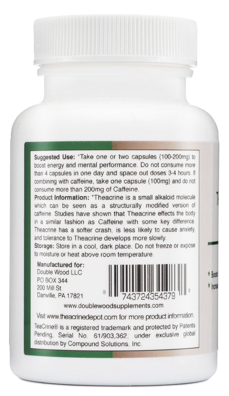 Theacrine (Teacrine) 100 Mg, 60 Capsules - Energy and Focus Supplement (Similar to Caffeine Pills but More Subtle and Longer Lasting) Manufactured and Third Party Tested in The USA by Double Wood - BeesActive Australia
