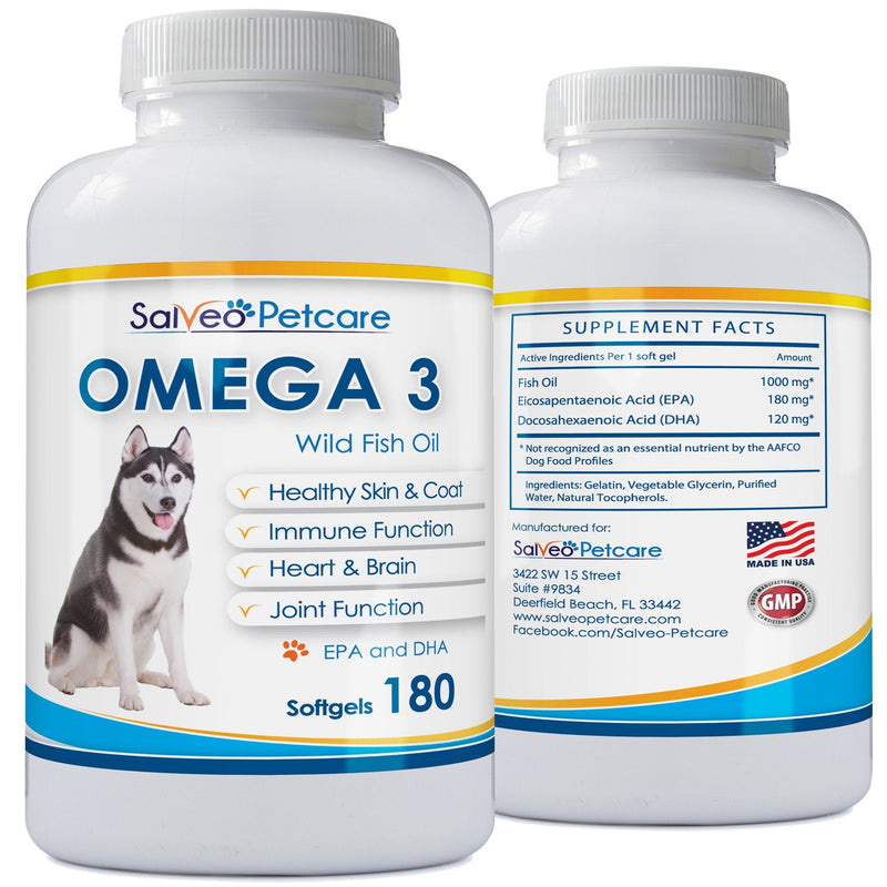 Salveo Petcare Omega 3 Fish Oil for Dogs - Natural Pet Supplement for Shiny Coat - Wild Caught More EPA & DHA Than Salmon Oil - No Fishy Smell or Mess - Ideal for Medium Large Dogs 180 - BeesActive Australia