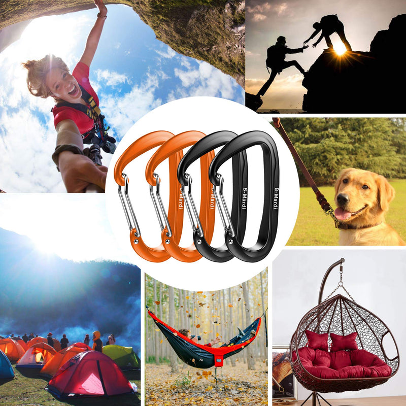 B-Mardi Carabiner Clip Heavy Duty,4 Pack,12Kn (2697 lbs) Lightweight caribeener Clips,Wiregate Caribeaners for Hammock,Keychain,Camping,Dog Leash and Harness,Hiking & Utility A-2 Orange + 2 Black - BeesActive Australia