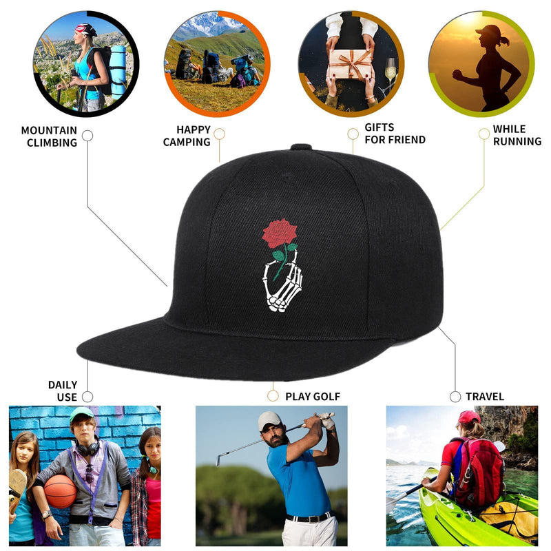 Negi Snapback Hats for Men Flat Bill Fitted Caps Hiphop Rap Adjustable Baseball Trucker Dad Hat Classic Black Rose Hand - BeesActive Australia