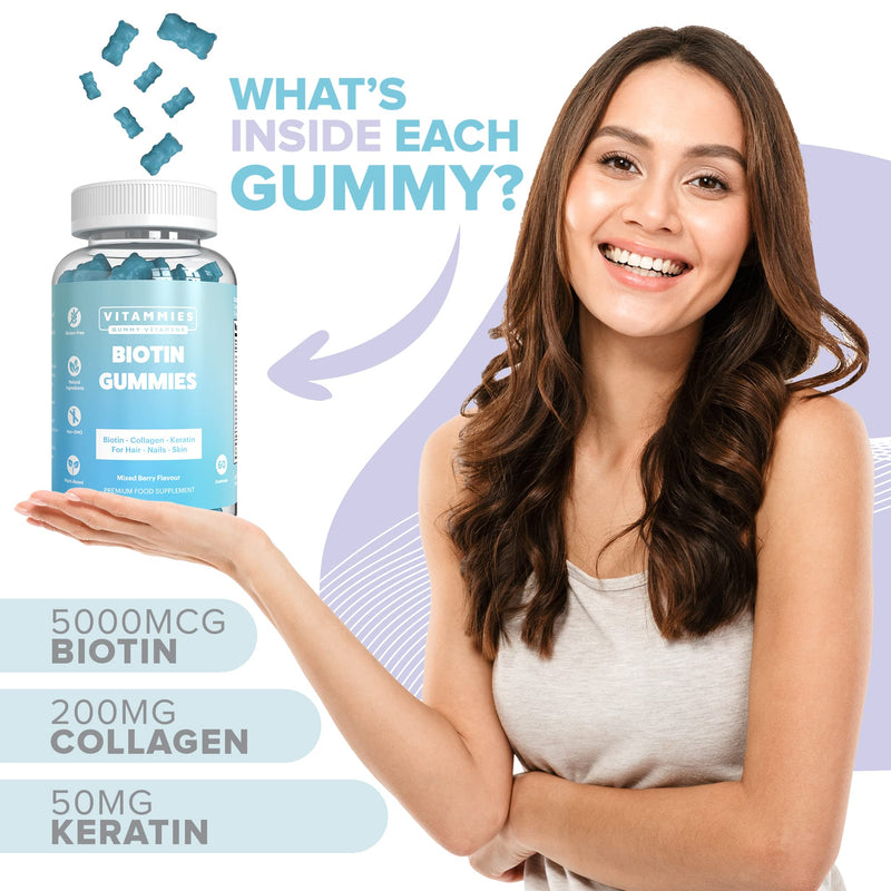 Vitammies Biotin Gummies 5000mcg for Hair, Skin, and Nails | Multivitamin for Women with Biotin, Keratin & Fish Collagen | Non Vegan | Anti-Aging | Gluten-Free | Plant-Based (60 Gummies) - BeesActive Australia
