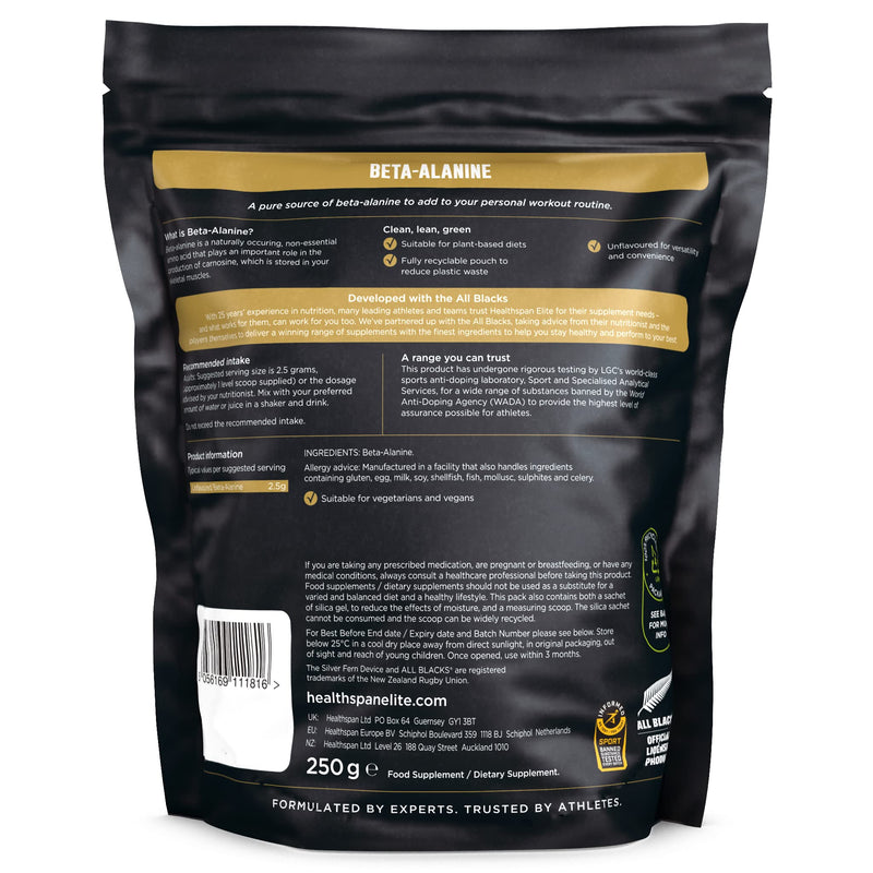 Healthspan Elite All Blacks Beta Alanine (250g) | Pre-Workout | Non Essential Amino Acid | Production of Carnosine | Unflavoured | Gluten Free | Vegan - BeesActive Australia