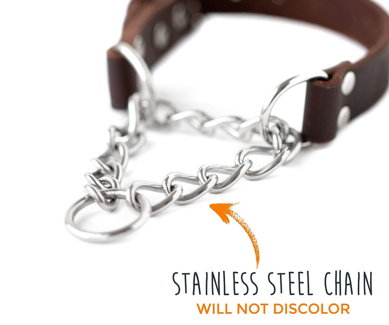 Mighty Paw Leather Training Collar, Martingale Collar, Stainless Steel Chain - Premium Quality Limited Chain Cinch Collar. Medium Brown - BeesActive Australia