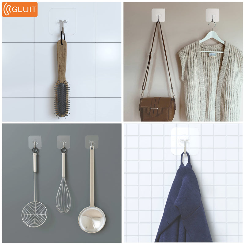 GLUIT Adhesive Hooks for Hanging Heavy Duty Wall Hooks 22 lbs Self Adhesive Sticky Hooks Waterproof Transparent Hooks for Keys Bathroom Shower Outdoor Kitchen Door Home Improvement Sticky Hook 6 Pack 6 Medium Hooks - BeesActive Australia