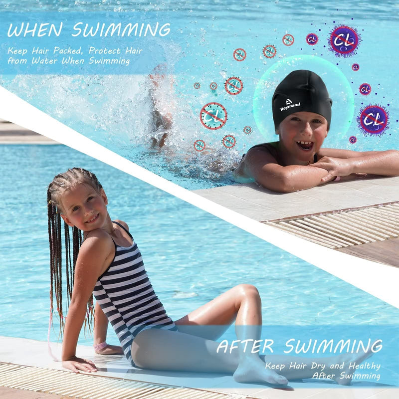 2 Pack Kids Extra Large Swim Cap for Long Thick Hair, Waterproof Silicone Swimming Cap for Toddler Child Youth Girls Boys, Durable Swim Hats Bathing Caps for Braids, Dreadlocks, Extensions, Afros Black+Purple - BeesActive Australia