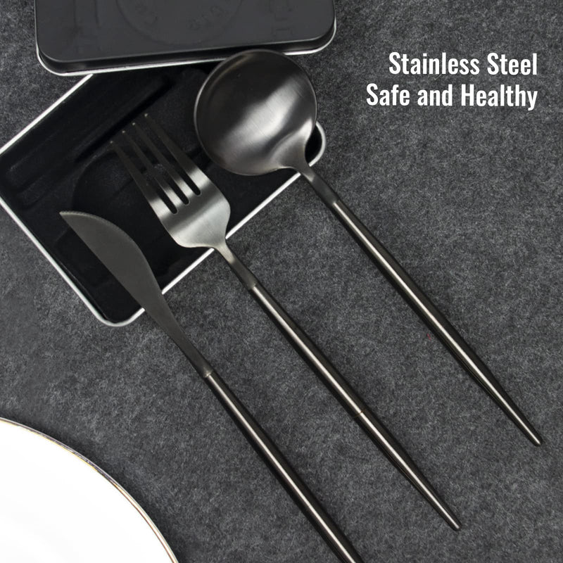 3PCS Stainless Steel Travel Cutlery, Detachable Portable Flatware Set, Camping Pocket Utensils Include Knife Fork Spoon, Dinnerware for Picnic Office Banquet, Dishwasher Safe, Black - BeesActive Australia