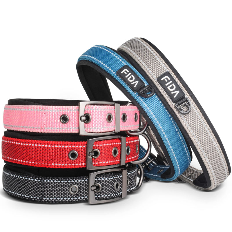 Fida Heavy Duty Dog Collar, Ultra Comfortable Soft Neoprene Padded, Adjustable Reflective Nylon Pet Collar with Durable Metal Belt Buckle for Small/Medium/Large/X-Large Breeds Medium(14.5"-19") Red - BeesActive Australia