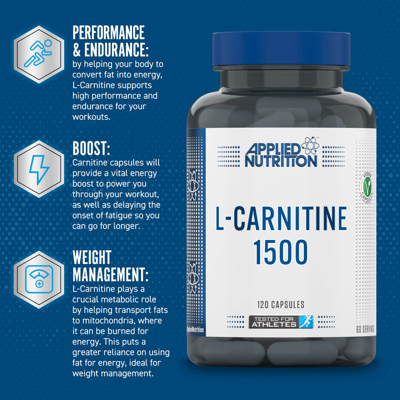 Applied Nutrition L-Carnitine 1500mg - Carnitine Supplement Premium L-Tartrate Form, High Strength, Energy Boost & Weight Management (120 Capsules - 60 Servings) - BeesActive Australia