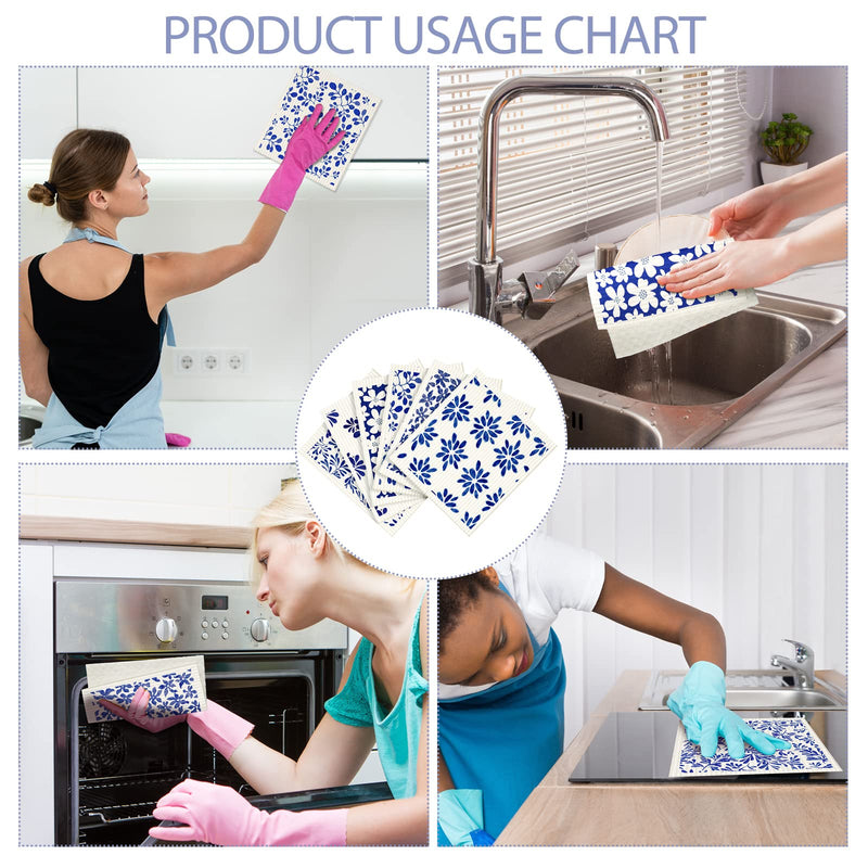6 Pcs Swedish Kitchen Dishcloths Swedish Dishes Cloths for Kitchen Absorbent Sponge Cloths Kitchen Towels Reusable Cleaning Cloths Quick Drying for Home Kitchen Cleaning Dishcloths (Blue Leaves) Blue Leaves - BeesActive Australia