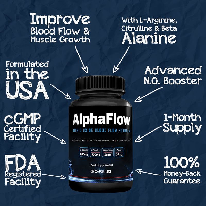 AlphaFlow L-Arginine, L-Citrulline & Beta Alanine | 1340mg Nitric Oxide (NO) Booster for Muscle Growth, Blood Flow, Vascularity & Size | Money Back Guarantee | 60 Vege Capsules - BeesActive Australia