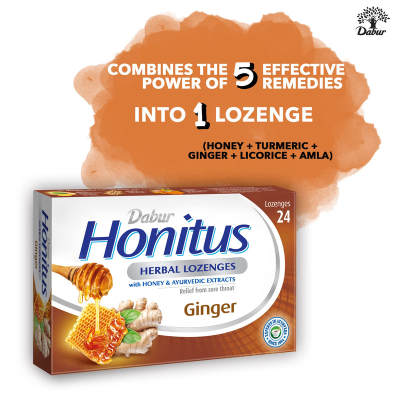 Dabur Honitus Herbal Lozenges | Effective Relief from Cough & Sore Throat Pain | Ginger Flavor - 24 Lozenges - BeesActive Australia