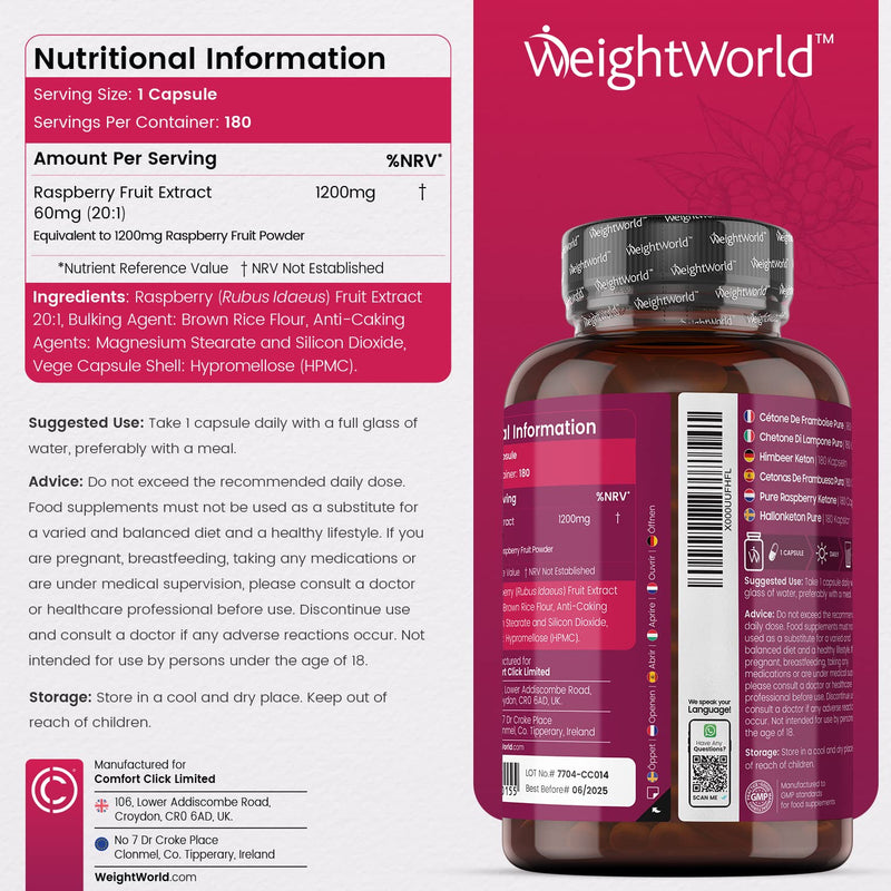 Pure Raspberry Ketones - 6 Months Supply - 180 High Strength Raspberry Ketone Capsules - Suits Low Carb & Keto Diet - Feel Fuller & Lighter - Vegan Ketones Supplements for Men & Women - Made in the UK - BeesActive Australia