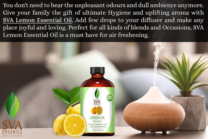 SVA 100% Pure Cold Pressed Lemon Essential Oil 4 OZ (118 ML) Virgin/Unrefined For Aromatherapy, Diffuser, Skincare, Haircare - BeesActive Australia