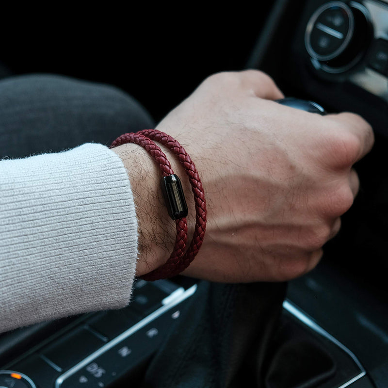 globi Leather Bracelet For Men | Genuine Wrap Braided Leather Cuff Bangle Bracelet with Magnetic Stainless Steel Clasp For Men/Women Red 8 Inches - BeesActive Australia