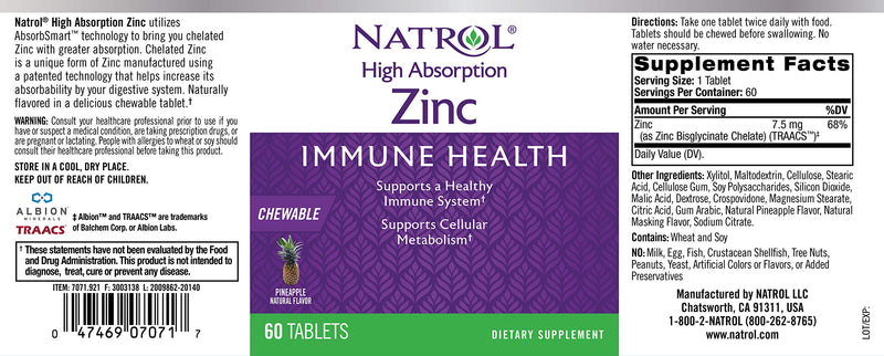 Natrol High Absorption Zinc, Supports Immune Health and Cellular Metabolism with AbsorbSmart™ Technology, Pineapple Flavor, Chewable Tablets, 60 Count - BeesActive Australia