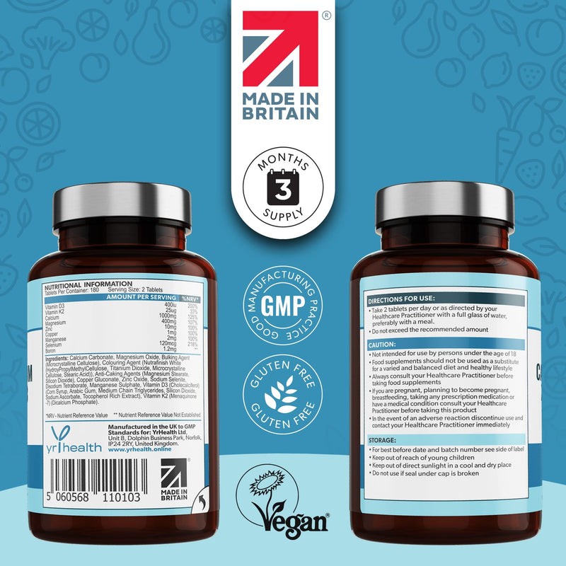 Calcium, Magnesium, Zinc and Vitamin D Plus Vitamin K2 MK-7 Tablets - Osteo Supplement - 180 Vegan Tablets not Capsules - Made in the UK by YrHealth - BeesActive Australia
