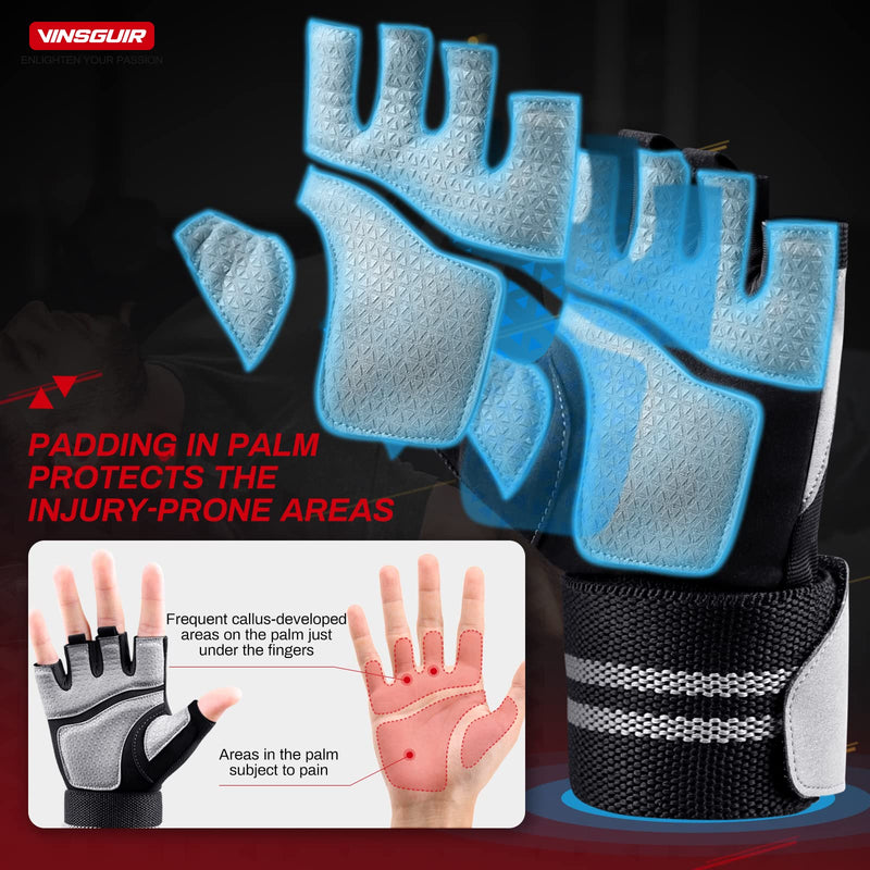 Vinsguir Workout Gloves for Men & Women - Multifunctional Weight Lifting Gym Gloves with Wrist Wraps Support, Full Palm Protection for Weightlifting, Training, Fitness, Exercise, Pull ups Grey Large(7-7.6 in) - BeesActive Australia