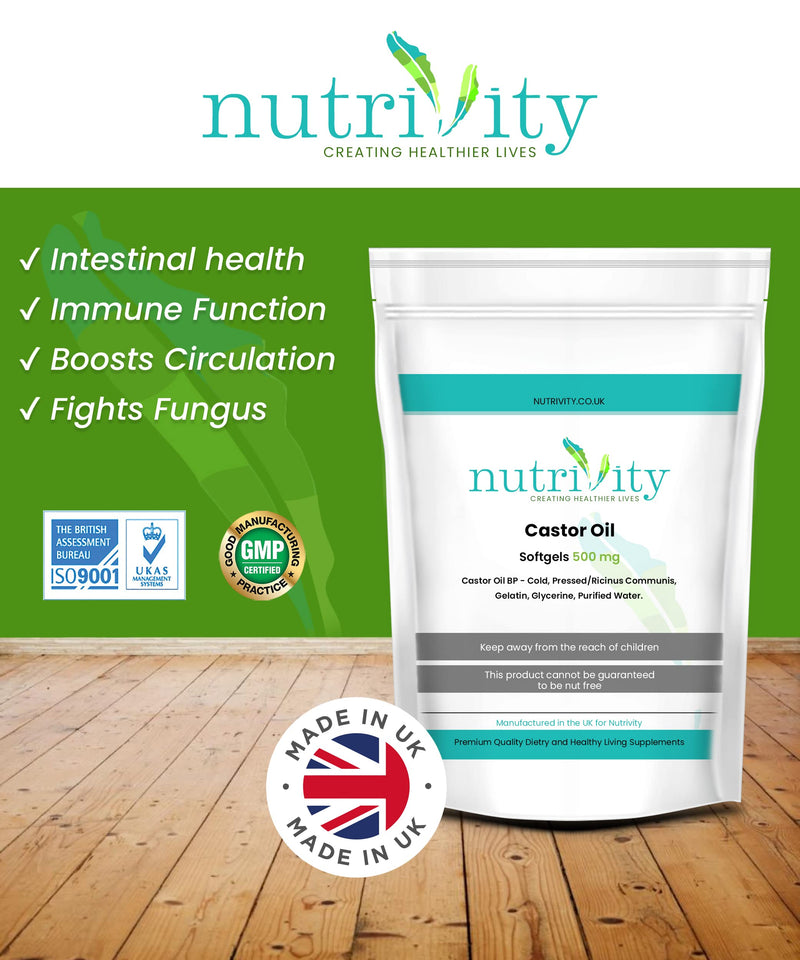 Castor Oil 500mg Soft Gels | Intestinal Help | Constipation Relief | Healthy Hair & Skin | Made in The UK to GMP Standards by Nutrivity (60) 60 - BeesActive Australia