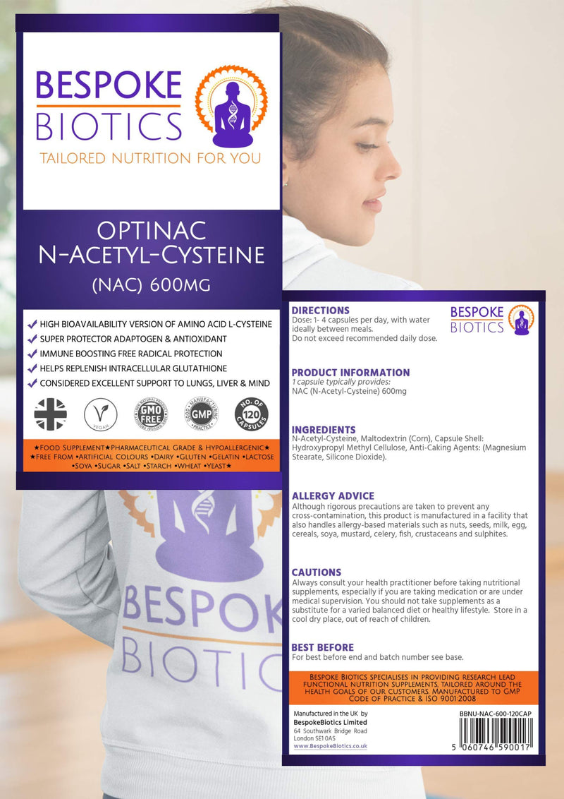 N-Acetyl-Cysteine 600mg (NAC) Liver Lung Skin Mind Support OPTINAC | Antioxidant Glutathione Precursor | Bespoke Biotics UK Made | Vegan | 120 Caps - BeesActive Australia