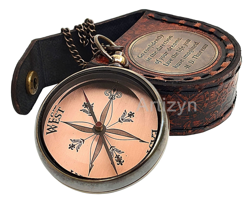 Thoreau's Go Confidently Quote Engraved Brass Compass with 25 Inches Long Chain & Leather case, Copper Dial Compass Locket Compass Camping Compass, Boating Compass, Gift Compass, Graduation Day Gifts - BeesActive Australia