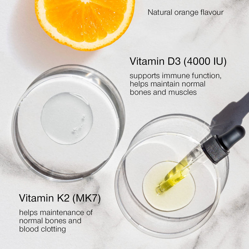 Vitamin D Drops - Vitamin D3 K2 Liquid Supplement for Adults - High Strength Vitamin D 4000 IU & Vitamin K2 25mcg Dose - 30ml 600 Drops - Vitamin D Liquid 1000IU per Drop - Vegetarian - Natural Orange - BeesActive Australia
