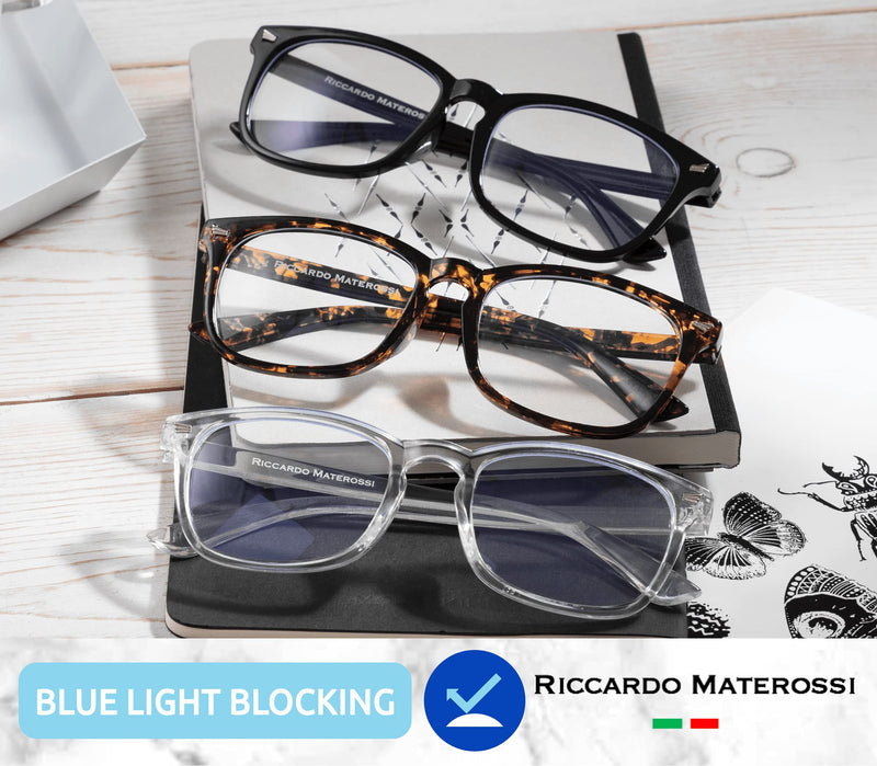 Riccardo Materossi� - Premium 99.9% Blue Light Blocking Glasses (380-410nm) - Reduce Headaches and Improve Sleep - UK Brand [3 Pack] 3 Square Frames - BeesActive Australia