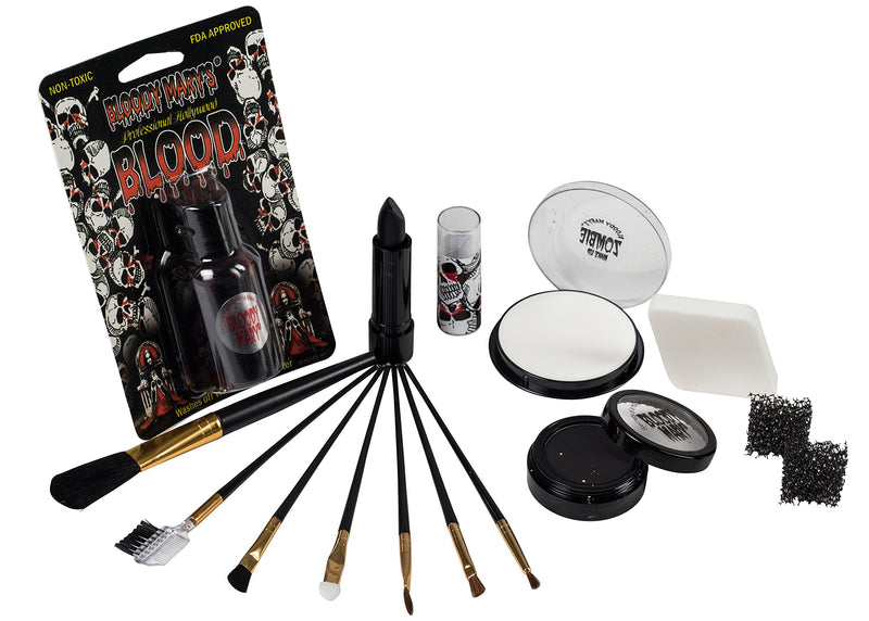 Scary Skeleton Makeup Kit By Bloody Mary - Halloween Costume Professional Special Effects Face Makeup Supplies - FX Foundation, Black Blood Lipstick, Eye Shadow, Crayons, Brushes, Blood, Sponge & Case - BeesActive Australia