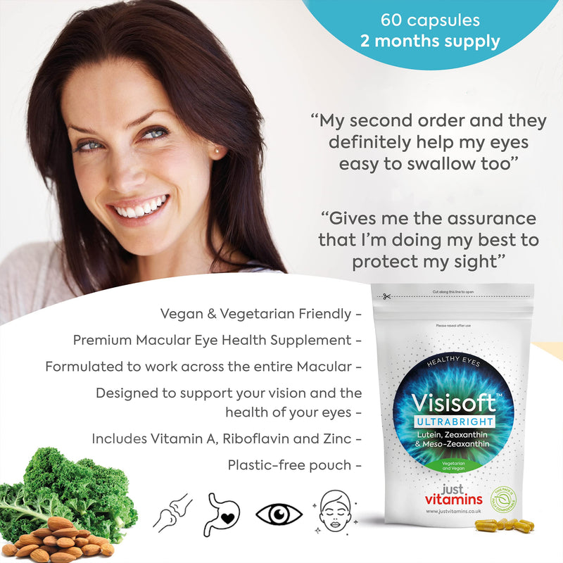 Visisoft� UltraBright 10mg Lutein, 2mg Zeaxanthin & 10mg Meso-Zeaxanthin Macular, Eye Health + Vision Complex Eye Care Supplement with Vitamin A, Riboflavin & Zinc x60 Capsules UK Made - BeesActive Australia