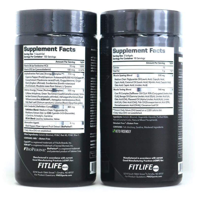 PMD Sports Six Week Inferno Stack - Maximum Strength Fat Burner and CLA Omega Fatty Acid to Lose Fat Fast and Increase Muscle Tone - Arsenal X Inferno/120 Liquid Gels, Omega Cuts Elite/180 Softgels - BeesActive Australia