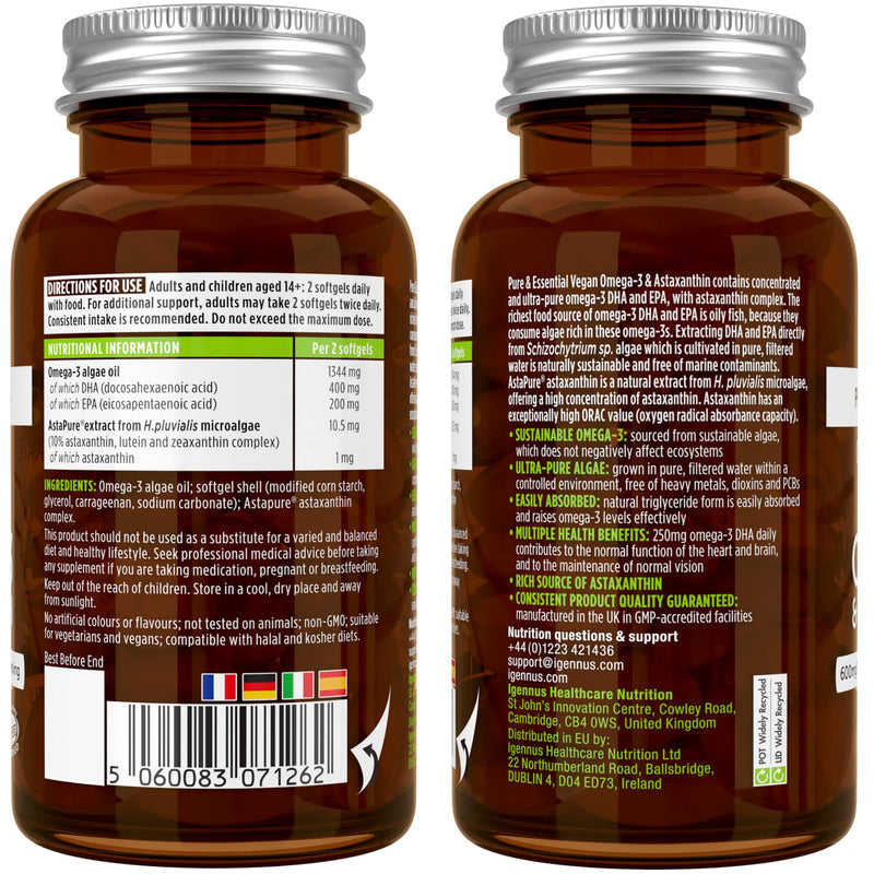 Vegan Omega 3 Algae Oil & Astaxanthin, 1344mg Omega 3, 60 Softgels, EPA & DHA 600mg Omega 3 Fatty Acids Supplements, Pure & Sustainable Algae Oil Omega-3, 30 Servings, by Igennus 60 Count (Pack of 1) - BeesActive Australia