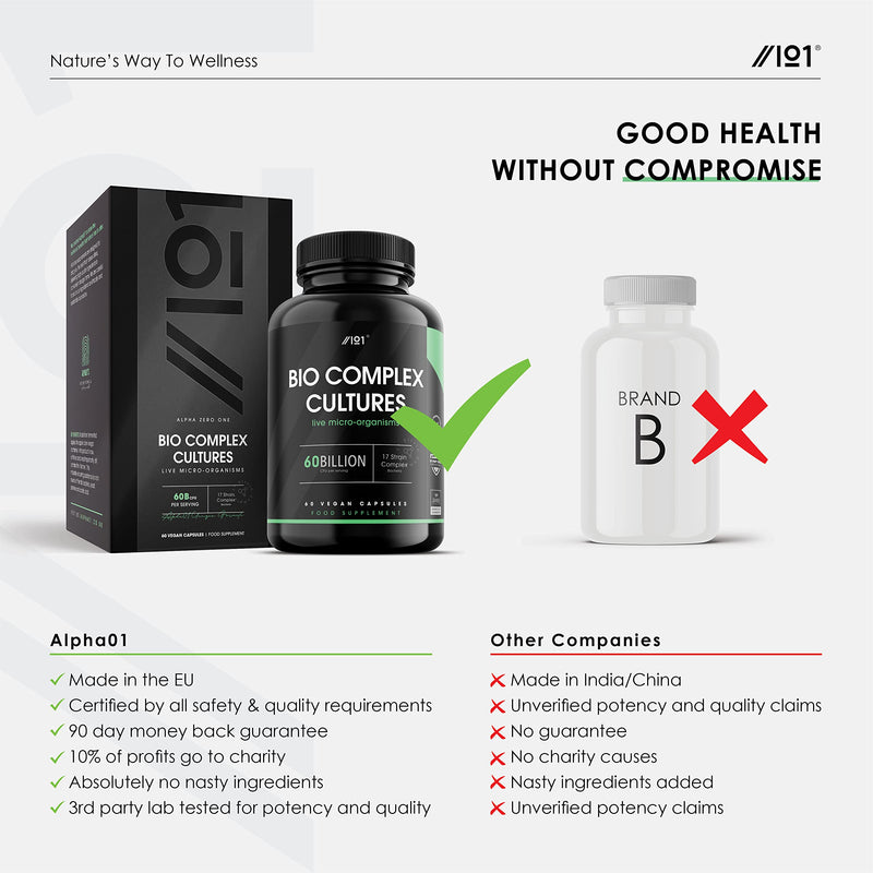 BioCultures Complex - 17 Live Strains with 60 Billion CFU Probiotics - for Gut Health & Digestive System - Lactobacillus Acidophilus & Bifidobacterium - 60 Capsules 60 Count (Pack of 1) - BeesActive Australia