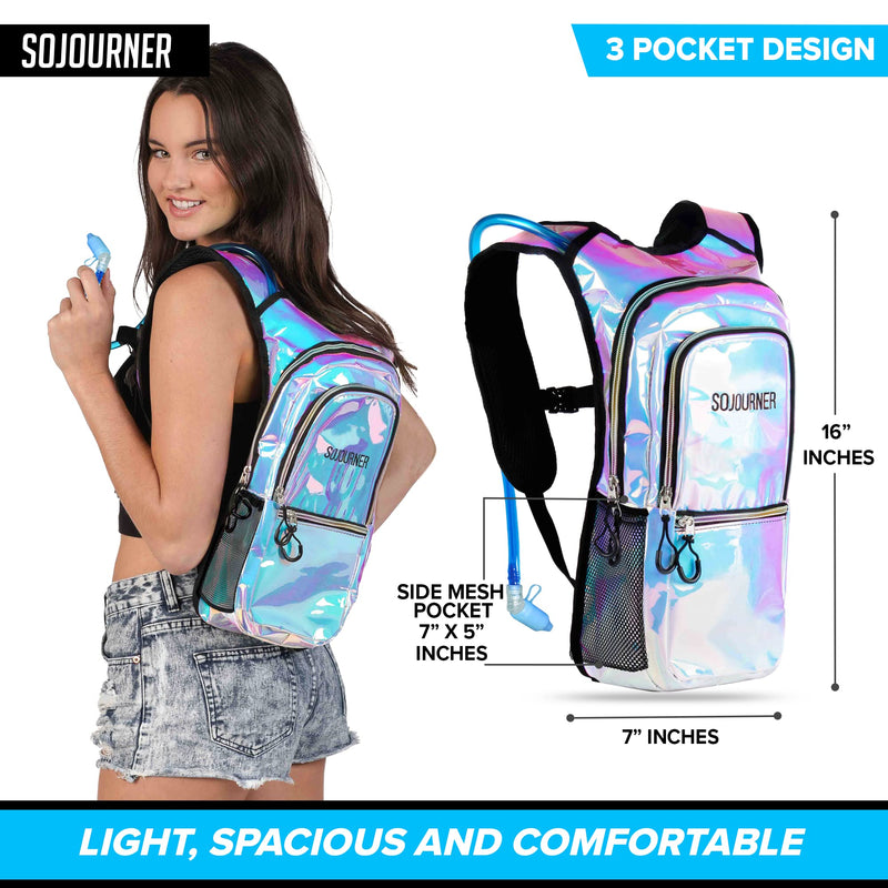 Sojourner Hydration Pack, Hydration Backpack - Water Backpack with 2l Hydration Bladder, Festival Essential - Rave Hydration Pack Hydropack Hydro for Hiking, Running, Biking, Festival Gear Holographic - Blue - BeesActive Australia