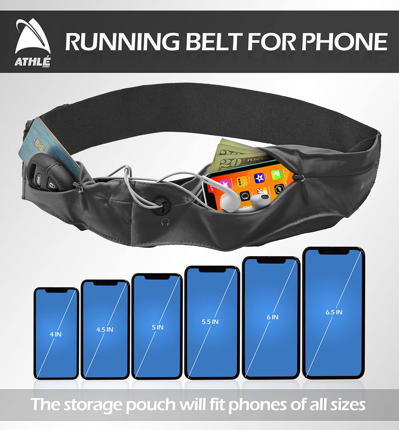 Athlé Running Belt for Exercise and Travel - Two Stretch Pockets Fit Most Phones, Wallet, Cards and More - Key Clip, Earphone Jack, Adjustable Waist Strap Medium - 25" - 32" Black - BeesActive Australia